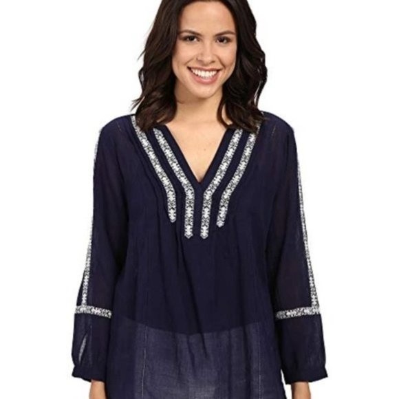 PAIGE Tess Navy Embroidered Long Sleeve Top Evening Blue - Picture 1 of 11